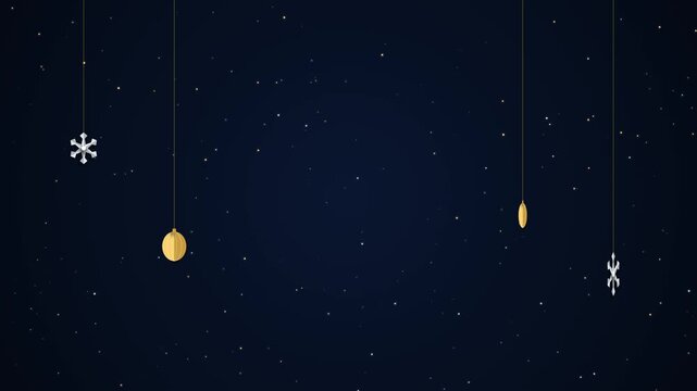 Elegant midnight blue background with hanging papercraft gold ornaments and silver snowflakes. This seamless motion graphic loop has a center copy space for festive holiday greetings.