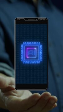Cropped vertical shot of hand holding smartphone displaying glowing artificial intelligence AI brain microchip processor. Mobile edge computing hardware and AI processing engine concept.