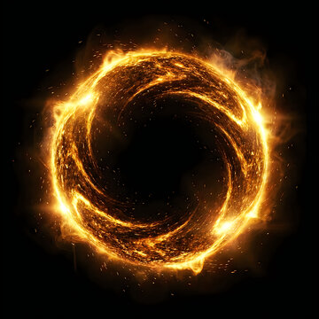 Abstract circular frame of golden fire particles creating a glowing ring of light on black background