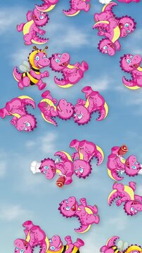 Cartoon Pink Dinosaurs Falling Through Blue Sky with Clouds