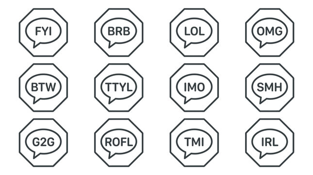 Internet Slang Speech Bubbles Icon Set: FYI, BRB, LOL, OMG, BTW, TTYL, IMO, SMH, G2G, ROFL, TMI, IRL