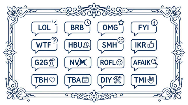 Internet Slang Text Bubbles - LOL, BRB, OMG, WTF, HBU, SMH, IKR, G2G