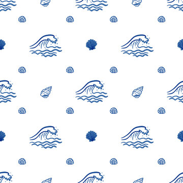 Watercolor hand drawn seamless pattern for textile, fabric, decor and design. Pattern with waves and seashells. 