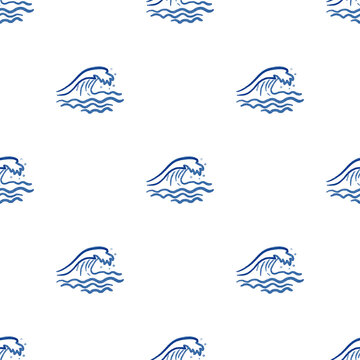 Watercolor hand drawn seamless pattern for textile, fabric, decor and design. Pattern with waves and seashells. 