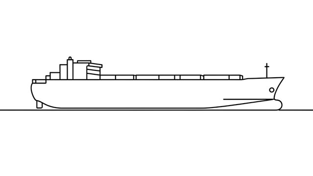 Cargo ship line drawing on white background.