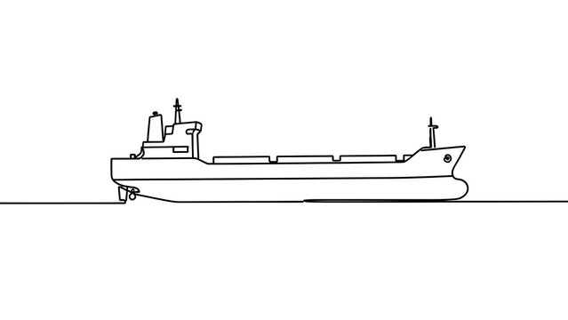 Cargo ship line drawing on white background.