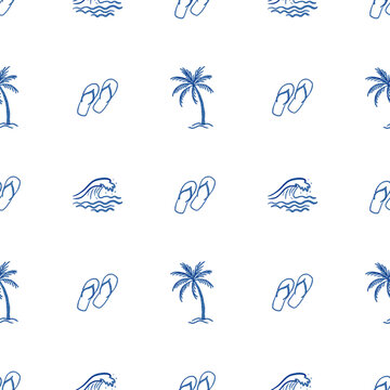 Watercolor hand drawn seamless pattern with palms, flip-flops, waves. Pattern for backdrops, decor, design, textile. 