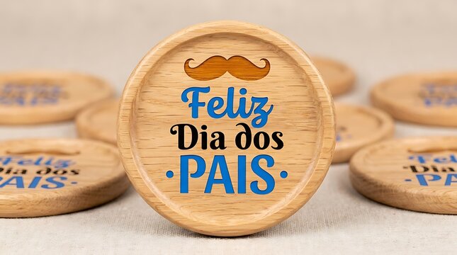 Feliz Dia dos Pais wooden coasters, rustic Father's Day gift set with mustache icon, natural wood discs for Portuguese holiday celebration