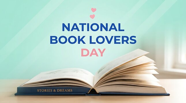 National Book Lovers Day banner with open book, soft teal background for reading celebration, literary holiday greeting with heart icons and stories text