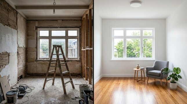 Split view comparison of residential room interior showing wall renovation process before and after with renovation remodeling interior construction comparison improvement
