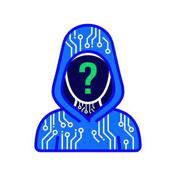 Pixel art hacker icon with a circuit pattern hoodie and a question mark face isolated on transparent background