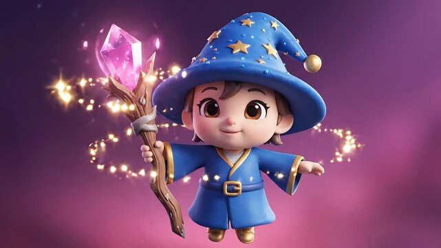 Cute chibi fantasy wizard holding magic crystal staff