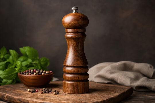 Wooden pepper mill with peppercorns and fresh basil leaves on a rustic cutting board
