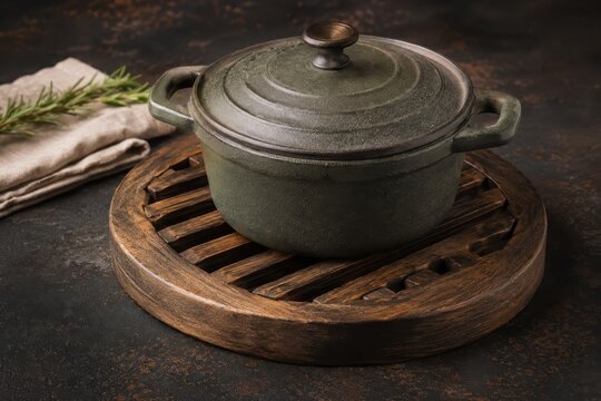 Rustic cast iron pot on a wooden trivet with rosemary and linen cloth