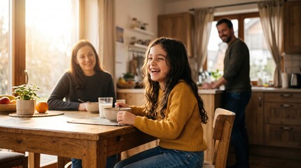 Fototapeta premium Happy family enjoying breakfast together in sunny kitchen, mother and father smiling while daughter laughs eating cereal, warm morning lifestyle scene with natural light