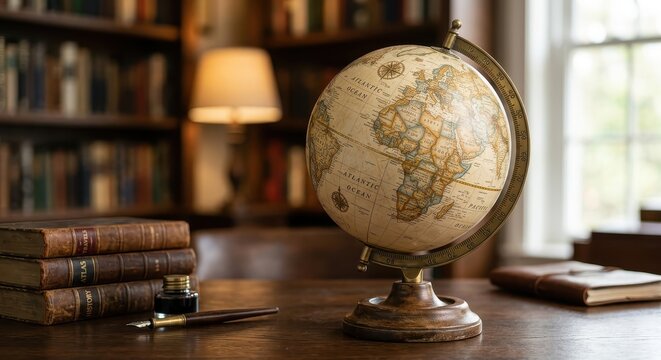 Antique globe on a wooden desk with old books and a fountain pen in a library setting