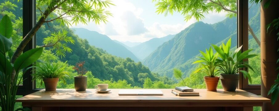 Modern bamboo workspace, calming greenery, panoramic nature view ,  copy space,  workspace design