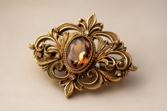 Exquisite antique brooch with intricate filigree and a central amber-colored gemstone, resting on a subtle textured surface
