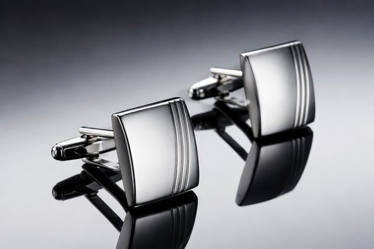 Elegant silver cufflinks on a reflective surface, highlighting craftsmanship and style