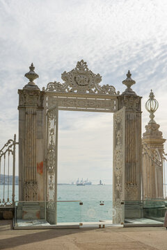 Dolmabahce Palace ceremonial seaside gate overlooking the Bosphorus in Istanbul, Turkey