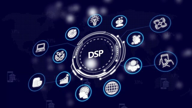 Dsp digital signal processing concept with glowing on dark blue background