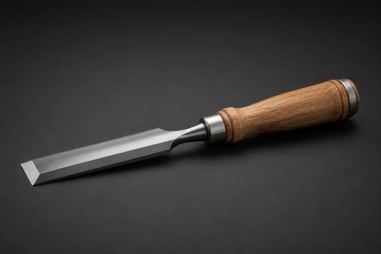 Sharp chisel with wooden handle, professional tool for woodworking on dark background