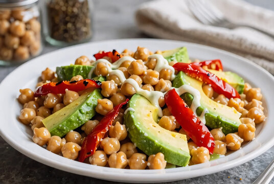 Nutritious plant-based meal of seasoned chickpeas and grilled bell peppers