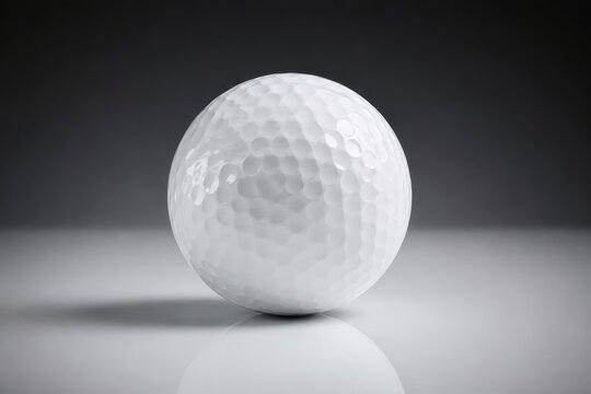 Golf ball with dimples on a reflective surface, studio lighting