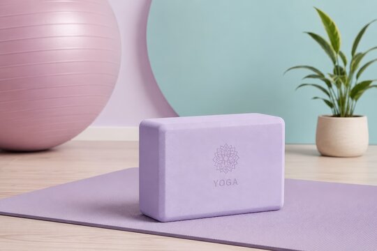 Yoga block on a mat in a serene studio setting, surrounded by fitness equipment and plants