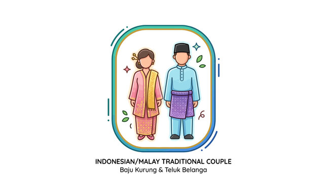 Indonesian Malay Couple Traditional Clothing Baju Kurung Teluk Belanga Vector Icon