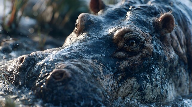 Close-up of a hippopotamus emerging from murky water, showcasing its textured skin and watchful eye