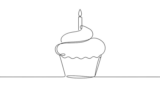 Cupcake with candle line art white background.