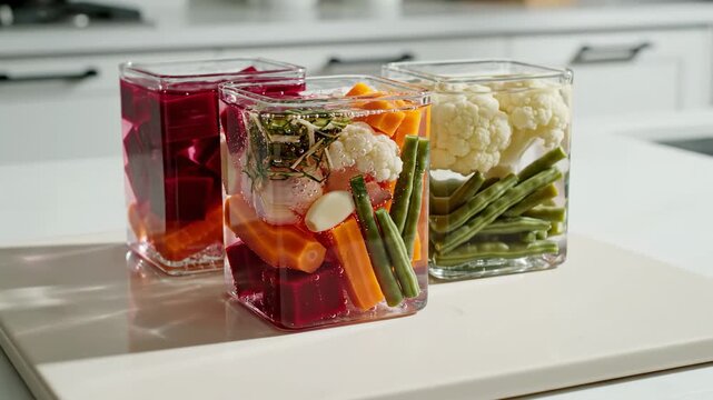 Modern square glass vessels display ruby beet cubes, cauliflower florets, carrot batons and green beans under crisp kitchen light, presenting colorful fermented produce with clean geometric styling