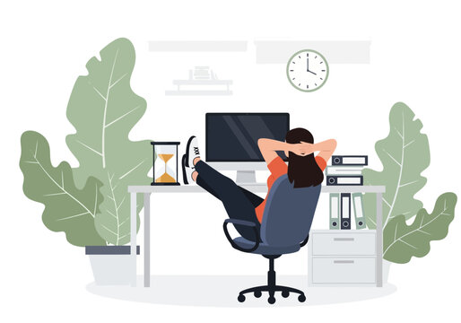 Illustration of a relaxed office worker resting feet on desk with business employee computer lifestyle corporate professional workplace hourglass interior