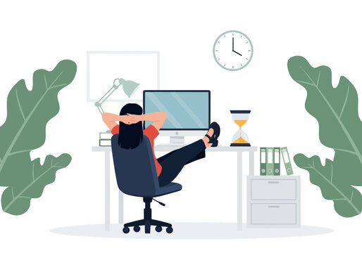 Illustration of an office worker relaxing at a desk with feet up business computer lifestyle employee corporate hourglass professional management interior