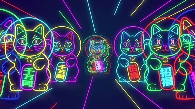 日本では商売繁盛の縁起物として定番の招き猫のカラフルなサイバーネオン　ビート　ループ