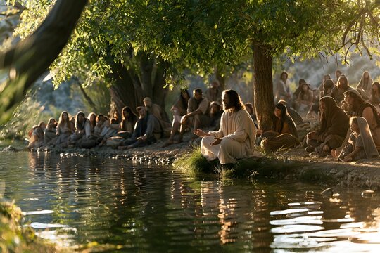 Jesus christ sitting by the water teaching a large group of people in a serene, sunlit natural landscape