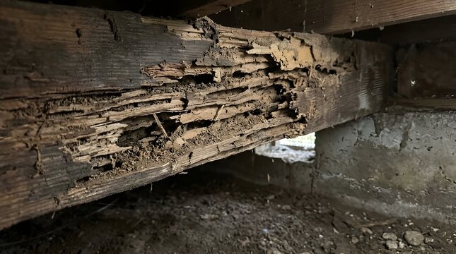 Severe termite infestation damage on structural wooden joists in a dark house crawl space with dirt and rocks.