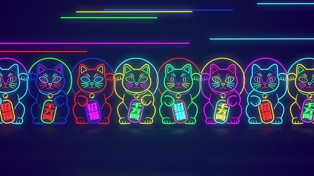日本では商売繁盛の縁起物として定番の招き猫のカラフルなサイバーネオン　フィックス　ループ