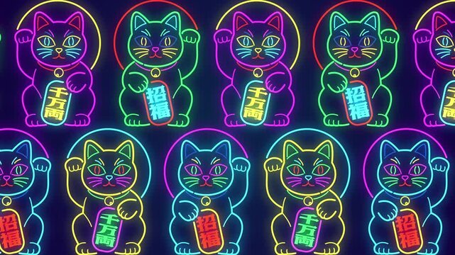 日本では商売繁盛の縁起物として定番の招き猫のカラフルなサイバーネオン　シンプルな2列の左右　ループ
