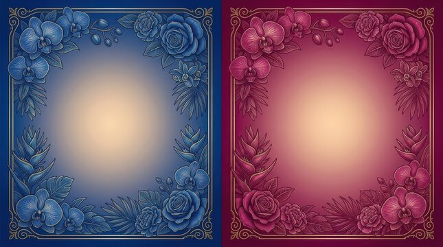 Decorative floral borders with engraved roses and tropical blooms in blue and red