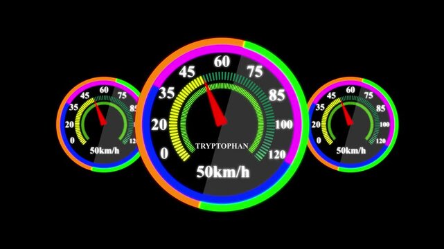 Tryptophan Essential Amino Acid Concept with Abstract Neon Digital Speedometer Gauge Set and Red Gauge Arrow on Black Background - 4K Motion Graphic