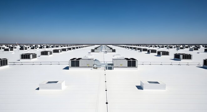 Aerial view of a large white commercial building roof with numerous HVAC units.