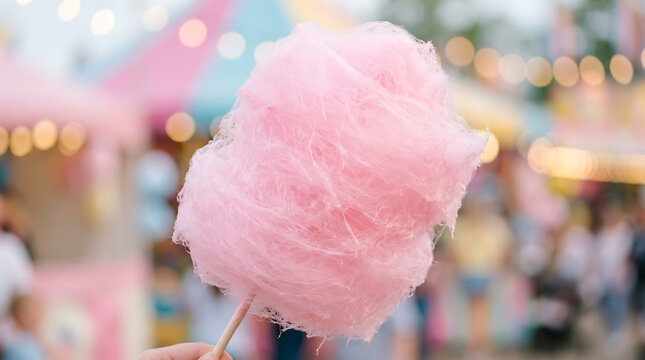 Close-up of a fluffy pink cotton candy being held on a stick at an outdoor festival.
