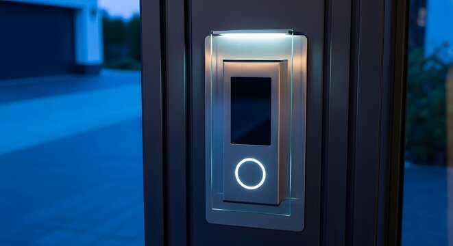 Modern smart doorbell with illuminated ring button installed on a dark metal door frame at night.