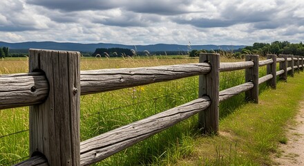 Fototapeta premium Rustic wooden fence bordering a lush green meadow under a cloudy summer sky.