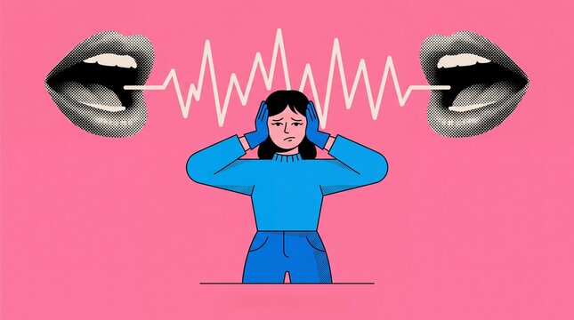 A distressed person covers their ears while two mouths project sound waves, illustrating noise overload and mental distress.