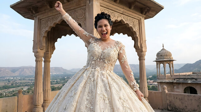 Joyful Bride Celebrating Her Wedding Day in an Exquisite Gown on a Palace Rooftop