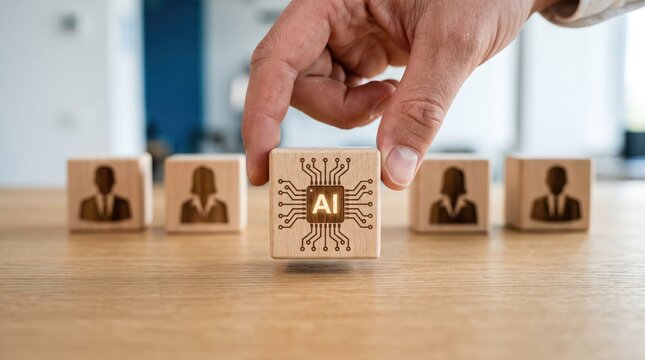 Hand placing artificial intelligence block among professional figures wooden cubes with hand positioning wooden cube AI circuit design between smaller cubes