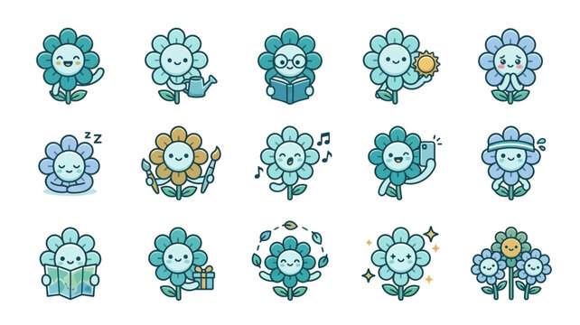 Set of Cute Kawaii Flower Characters Performing Various Daily Activities and Hobbies as Colorful Vector Icons